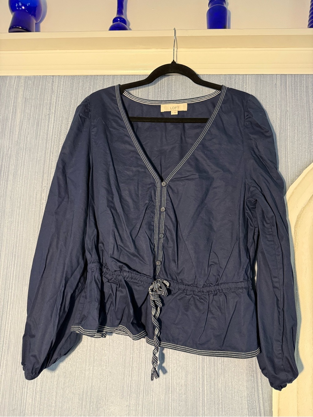 LOFT Navy Contrast-Stitch Blouse (L)